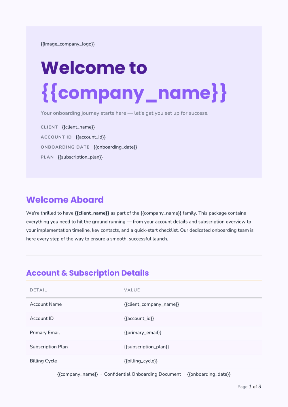 AI-generated client onboarding package Word document template in the Soft Pastel design style