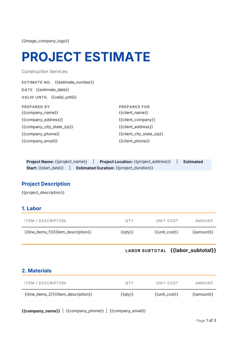 AI-generated construction estimate Word document template in the Classic Ledger design style