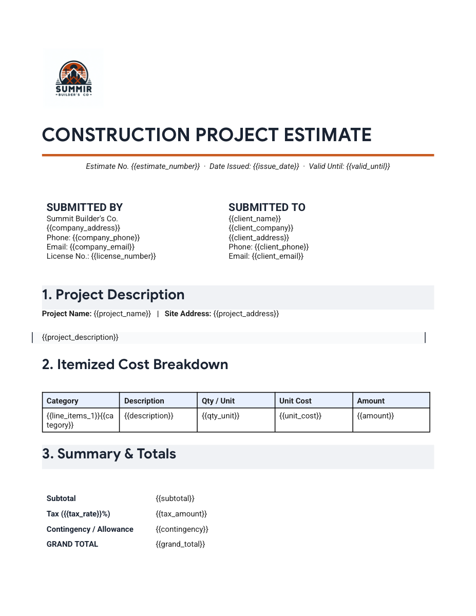 AI-generated construction estimate document template