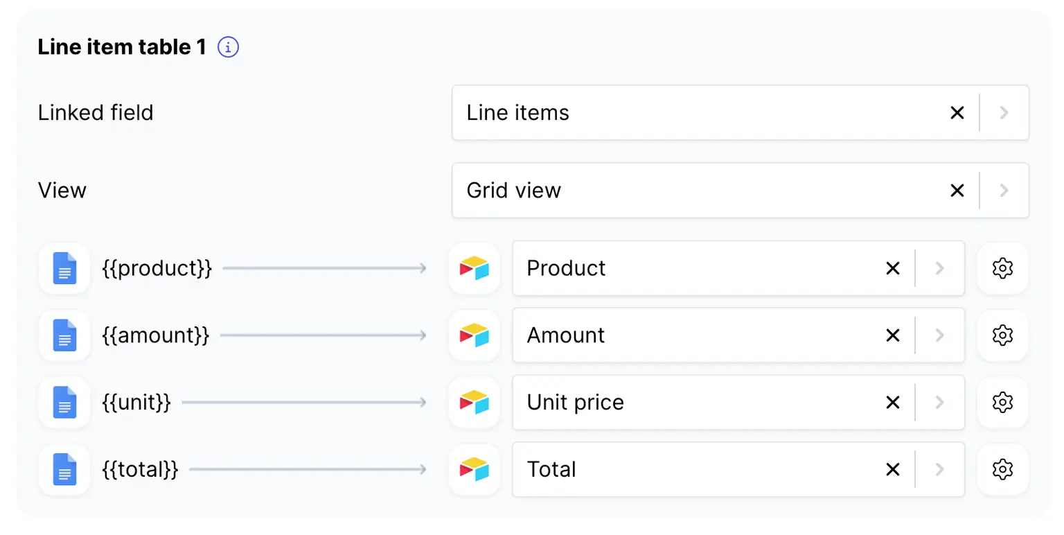Image shows how to map line items from Airtable to respective placeholders in DocsAutomator Google Docs template