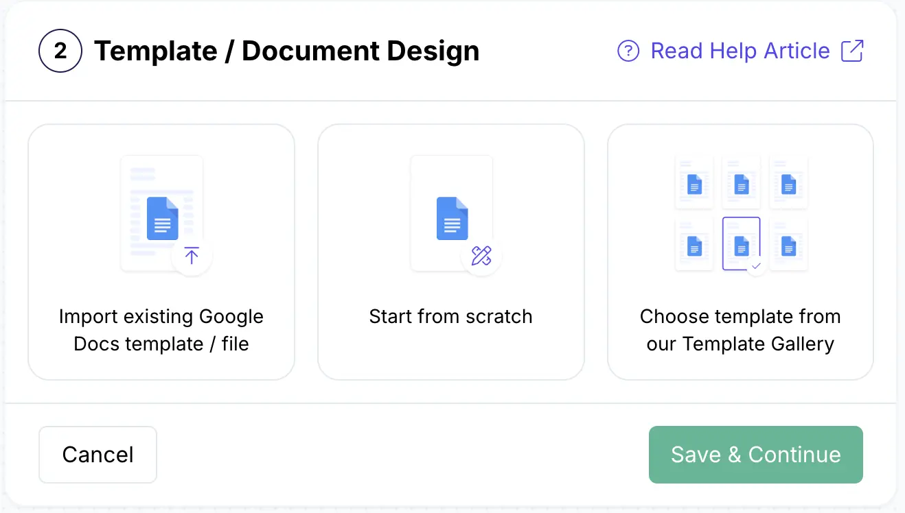 Image shows option to import existing Google Docs template, create a new one, or opt from DocsAutomator template gallery.