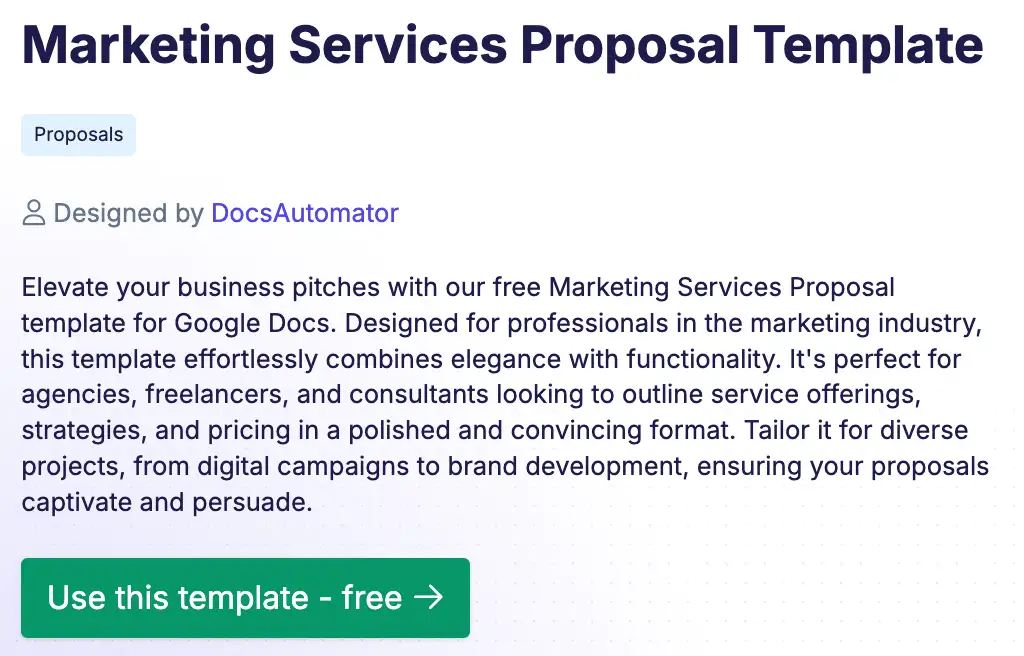 Image is a screenshot of landing page in DocsAutomator of the Marketing Services Proposal Template