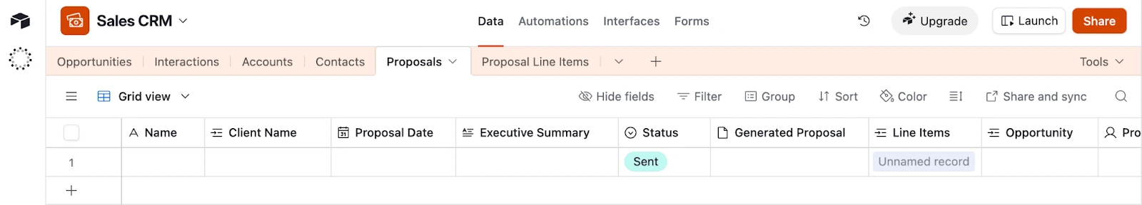 Image is a screenshot of Proposals table inside Sales&nbsp;CRM template by Airtable