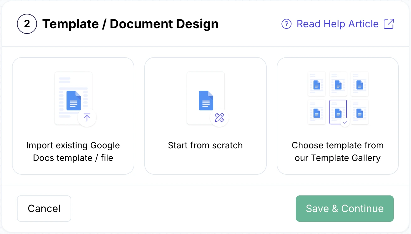 Image shows options to either import existing Google Doc template, start from scratch, or choose existing DocsAutomator template