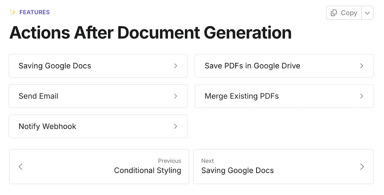 Image shows available options to the user once they have configured their Google Doc template on DocsAutomator platform
