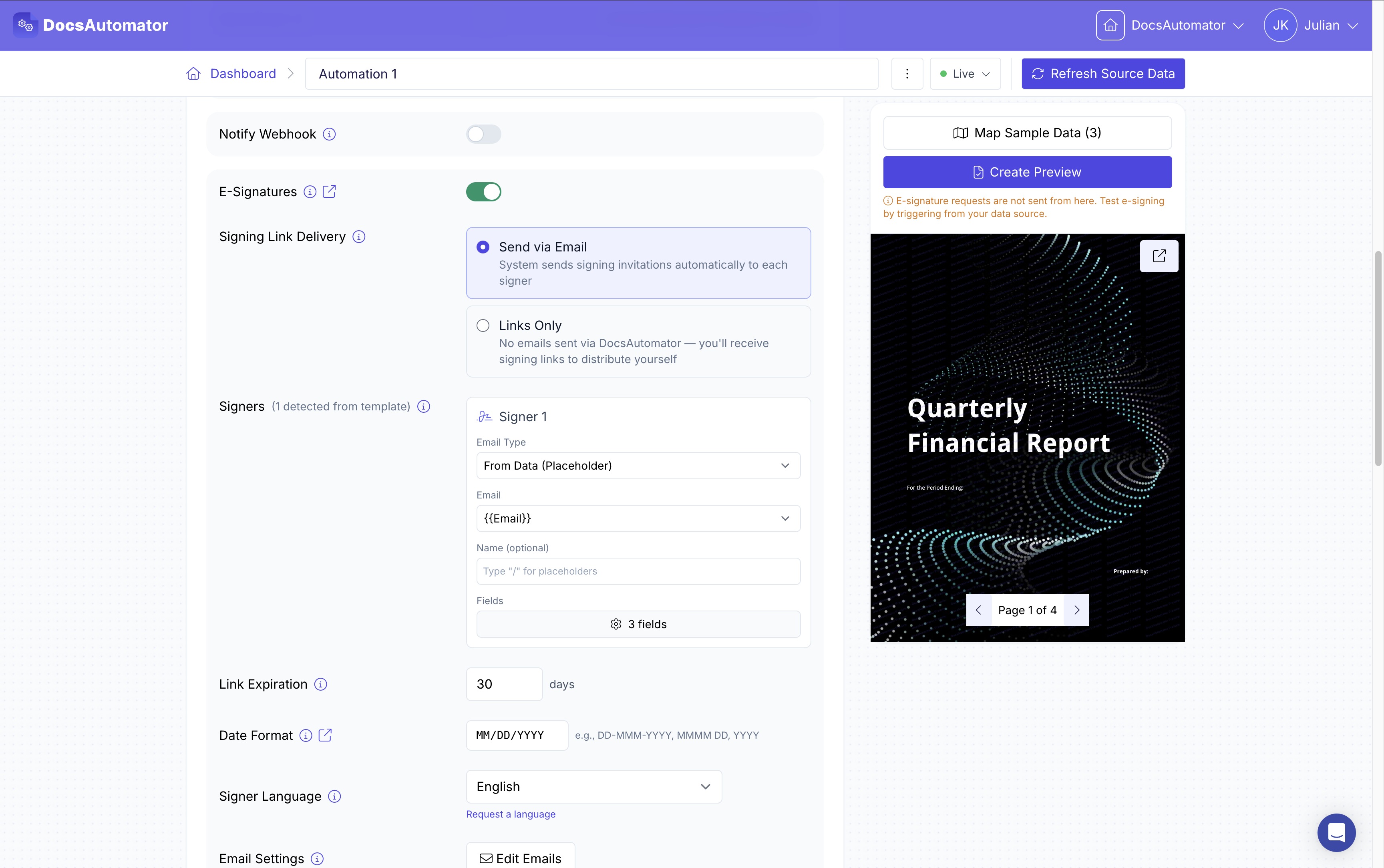 Configuring e-signature placeholders, signers and email settings