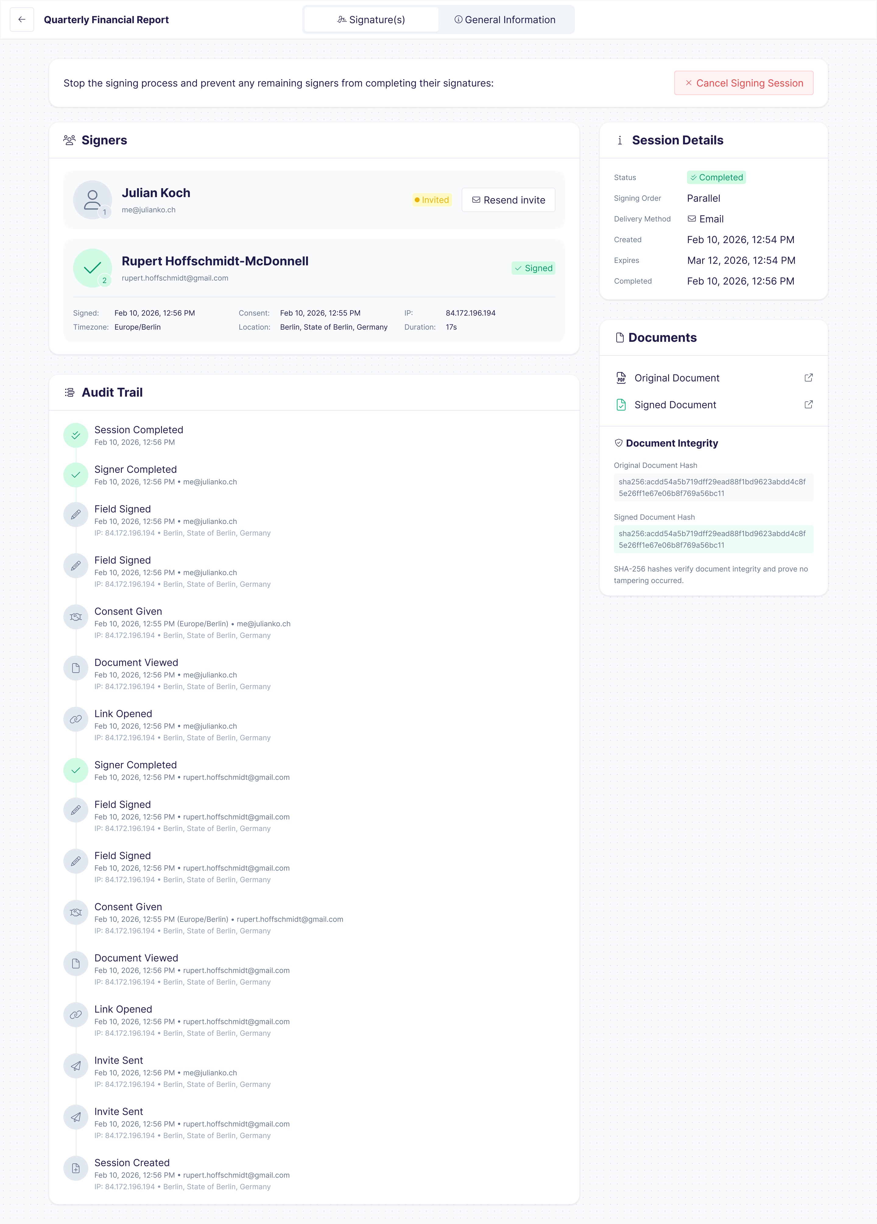 Audit trail and signed document tracking dashboard