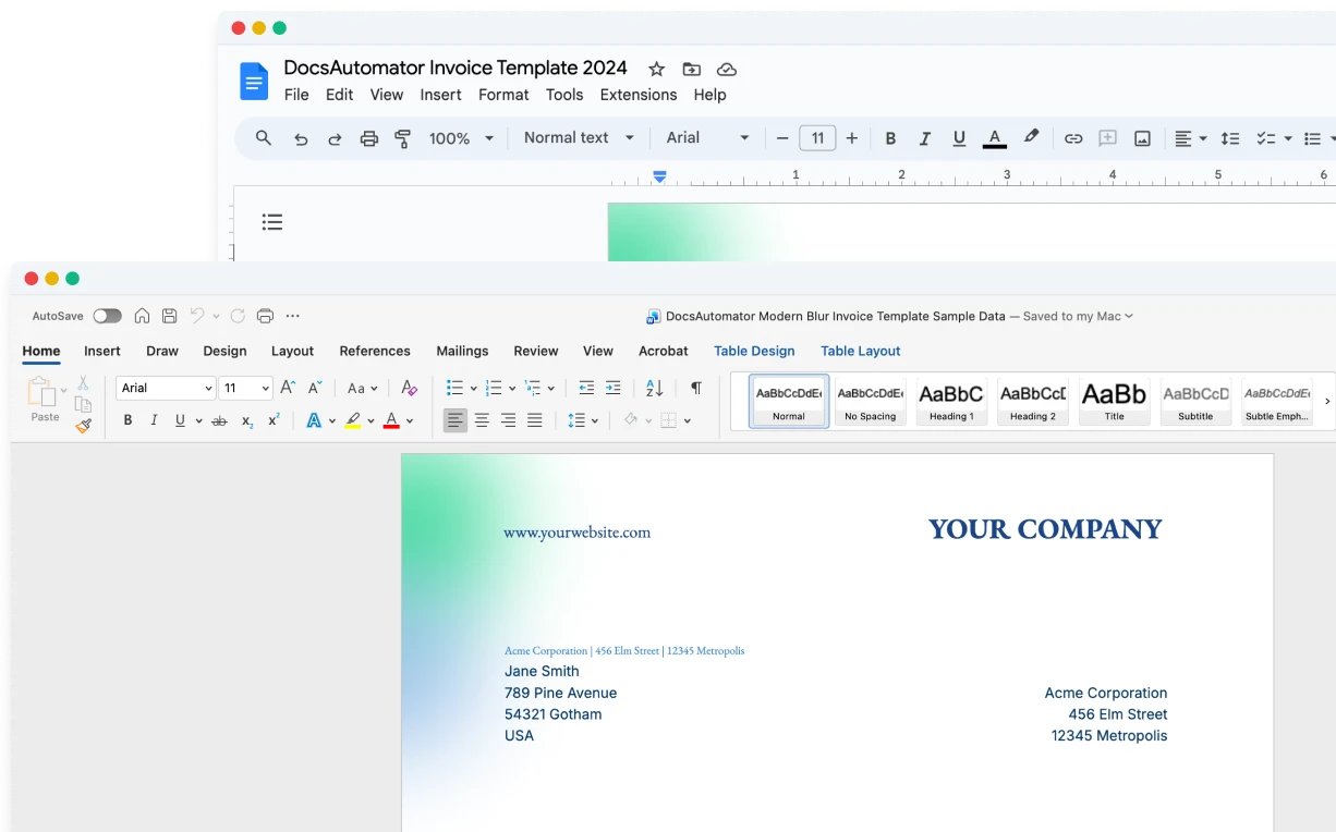 Document template built in Google Docs and Microsoft Word