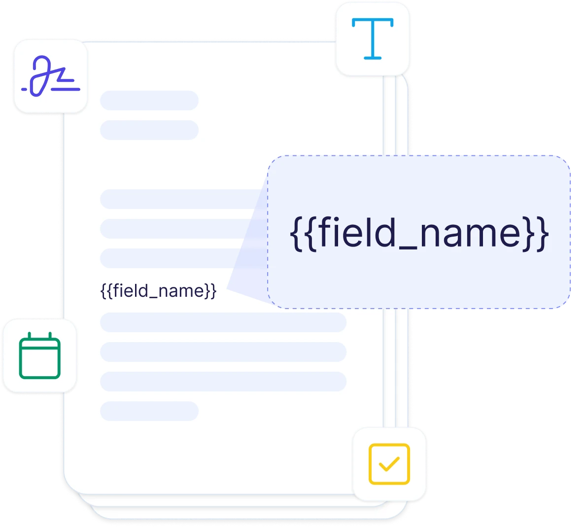 Placeholder syntax illustration showing {{field_name}} in a document template