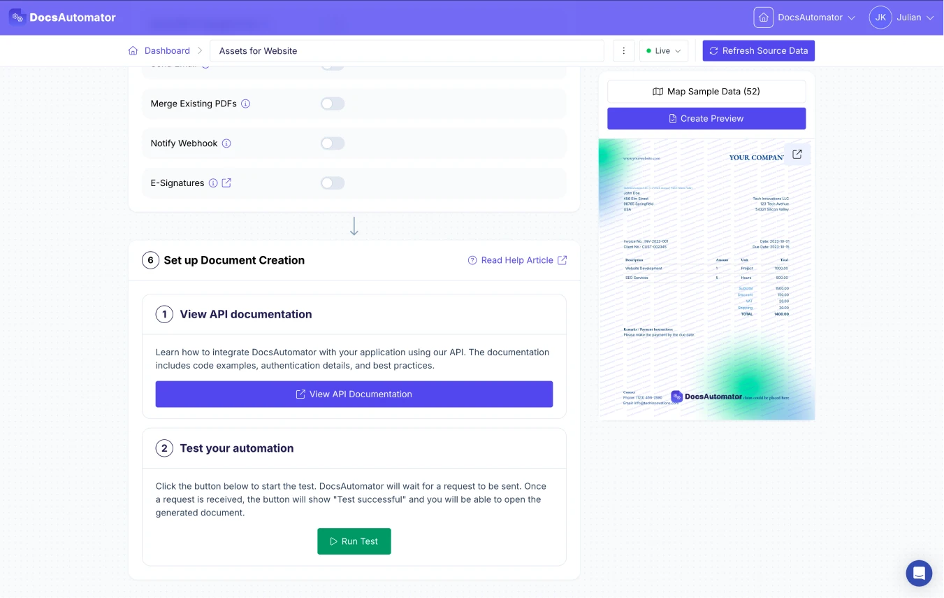 Sending an API request to generate a document