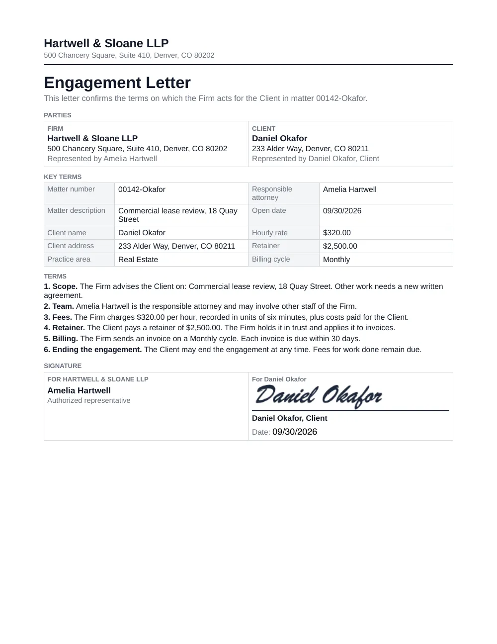 The finished engagement letter, filled with example data and signed