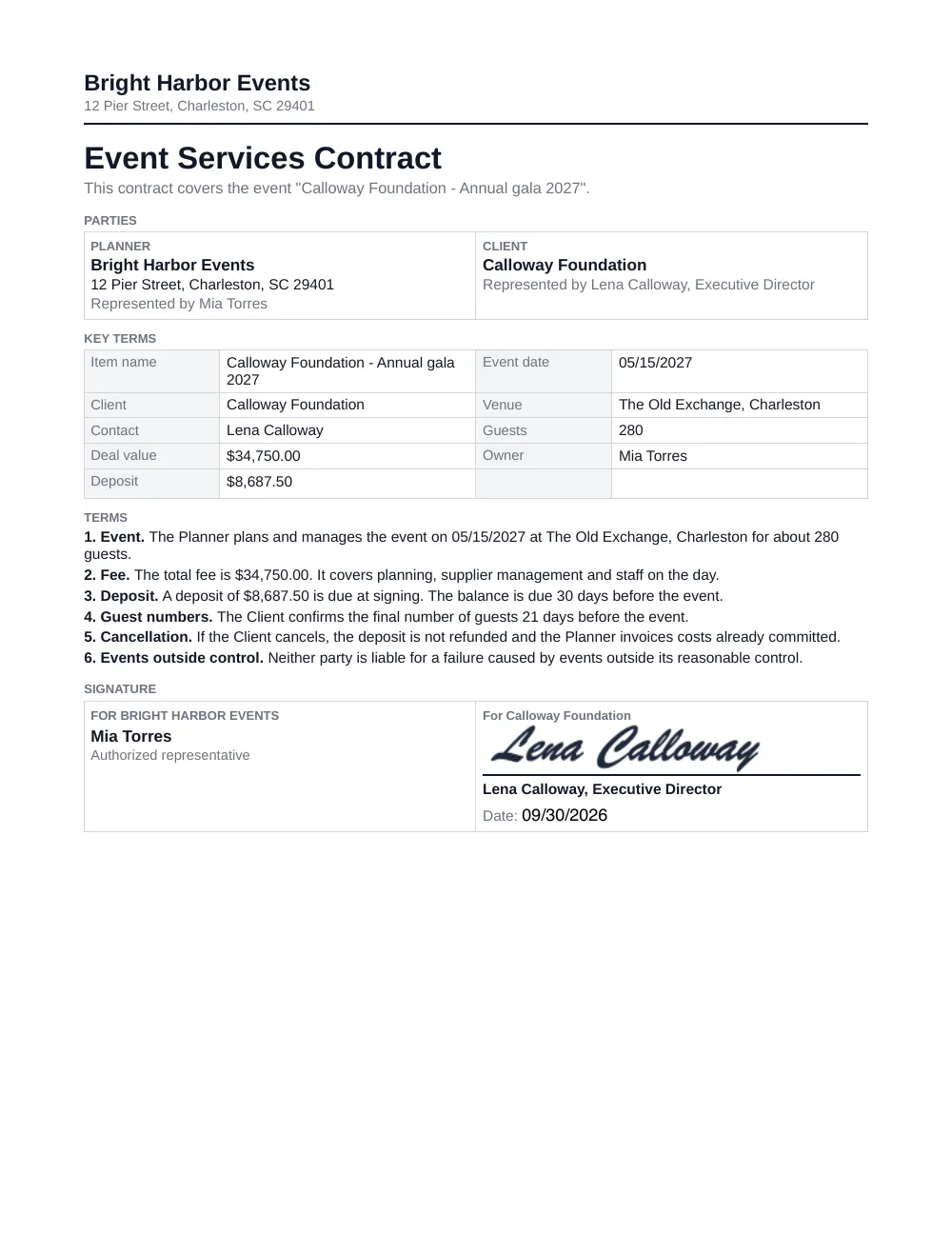 The finished event services contract, filled with example data and signed