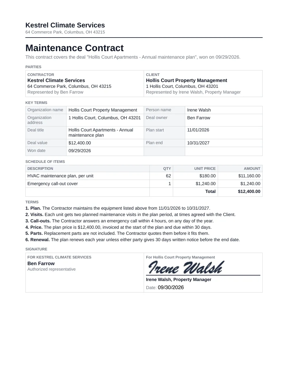 The finished maintenance contract, filled with example data and signed